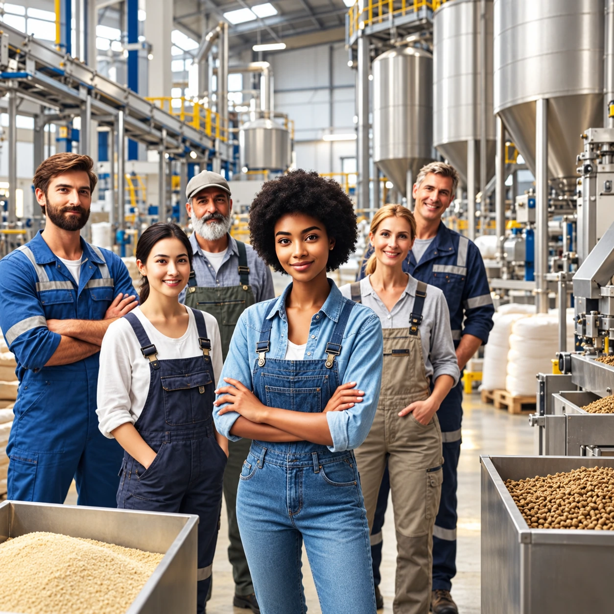 Manufacturing team in livestock nutrition facility