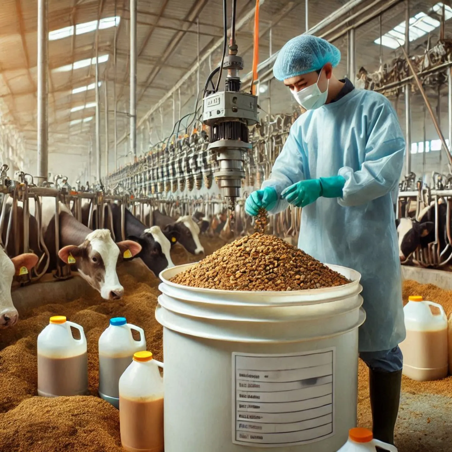 Technician handling feed ingredients